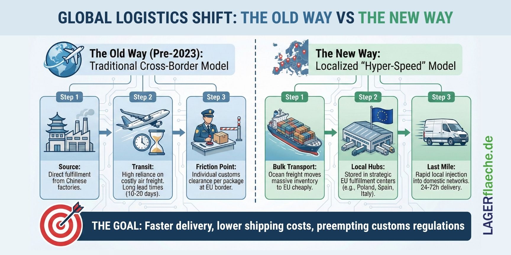 Infographic comparing the 'Old Way' of cross-border logistics (air freight and individual customs) versus the 'New Way' used by Temu and Shein (bulk ocean freight and local EU fulfillment hubs) to achieve faster delivery speeds.